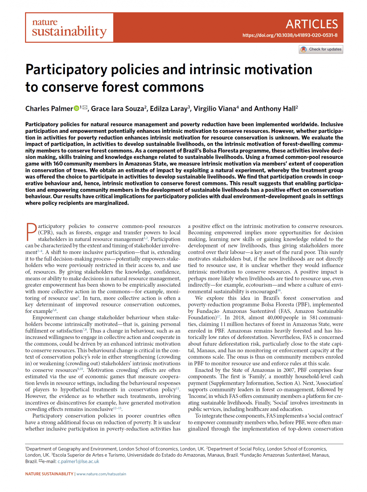 Artigo internacional que teve a participação de Virgilio Viana, superintendente geral da Fundação Amazônia Sustentável (FAS).