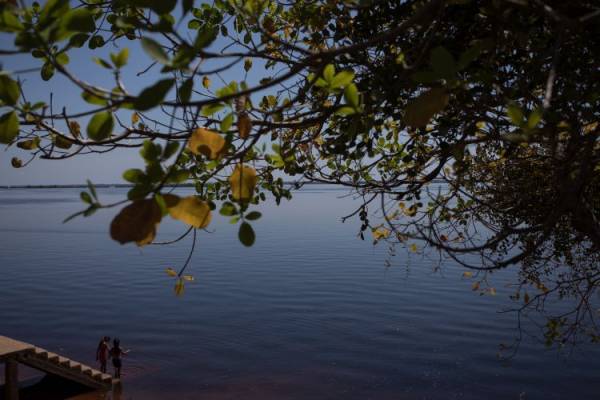 Crianças brincando em escada na beirada do rio negro.