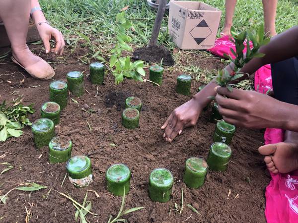 Pessoas montando espaço para plantio.