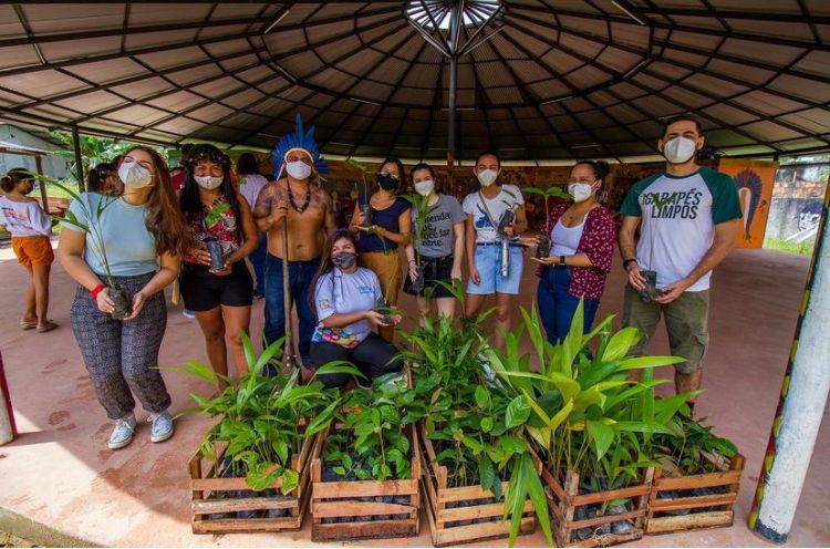 Pessoas reunidas apresentando plantas da Amazônia.