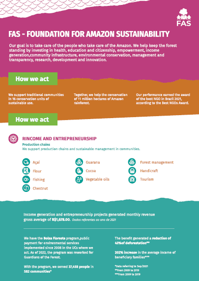 Capa em inglês de publicação mostrando os objetivos da Fundação Amazônia Sustentável (FAS).