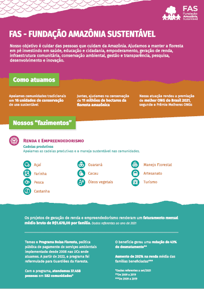 Capa de publicação mostrando os objetivos da Fundação Amazônia Sustentável (FAS).