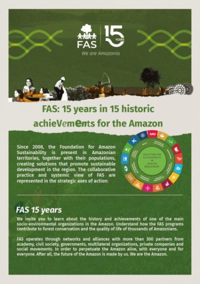 Capa de publicação em inglês feita em comemoração aos 15 anos da Fundação Amazônia Sustentável (FAS).
